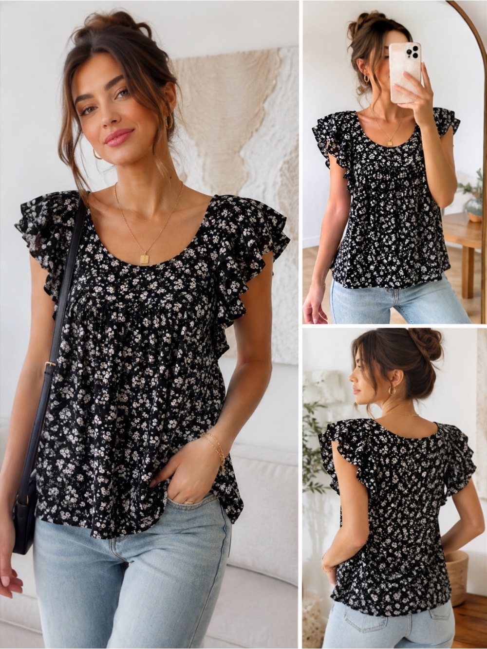 SO Black Floral Flutter Sleeve Peasant Blouse Small Boho Rayon Top